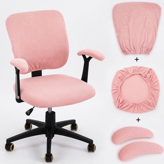 4-Piece Pink Office Chair Cover Set, Soft Corn Velvet Seat Back & Armrest Slipcovers, Universal Fit for Most Rotating Desk Chairs.