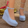 thumbnail image 6 of Platform Wedge Suede Loafers for Women Round Toe Chunky Heel Non Slip Casual Dressy Shoes with Ankle Strap Blue Size 6.5, 6 of 7