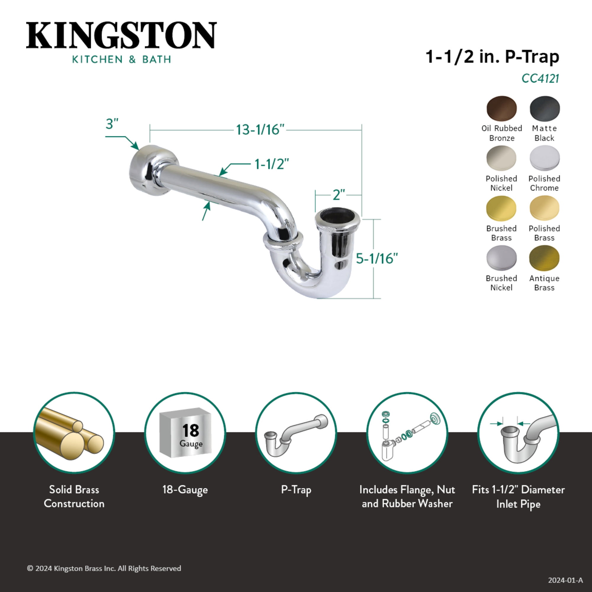 Kingston Brass CC4125 1-1/2" P-Trap with Box Flange, 13-1/16" Length, 18 Gauge, Oil Rubbed Bronze