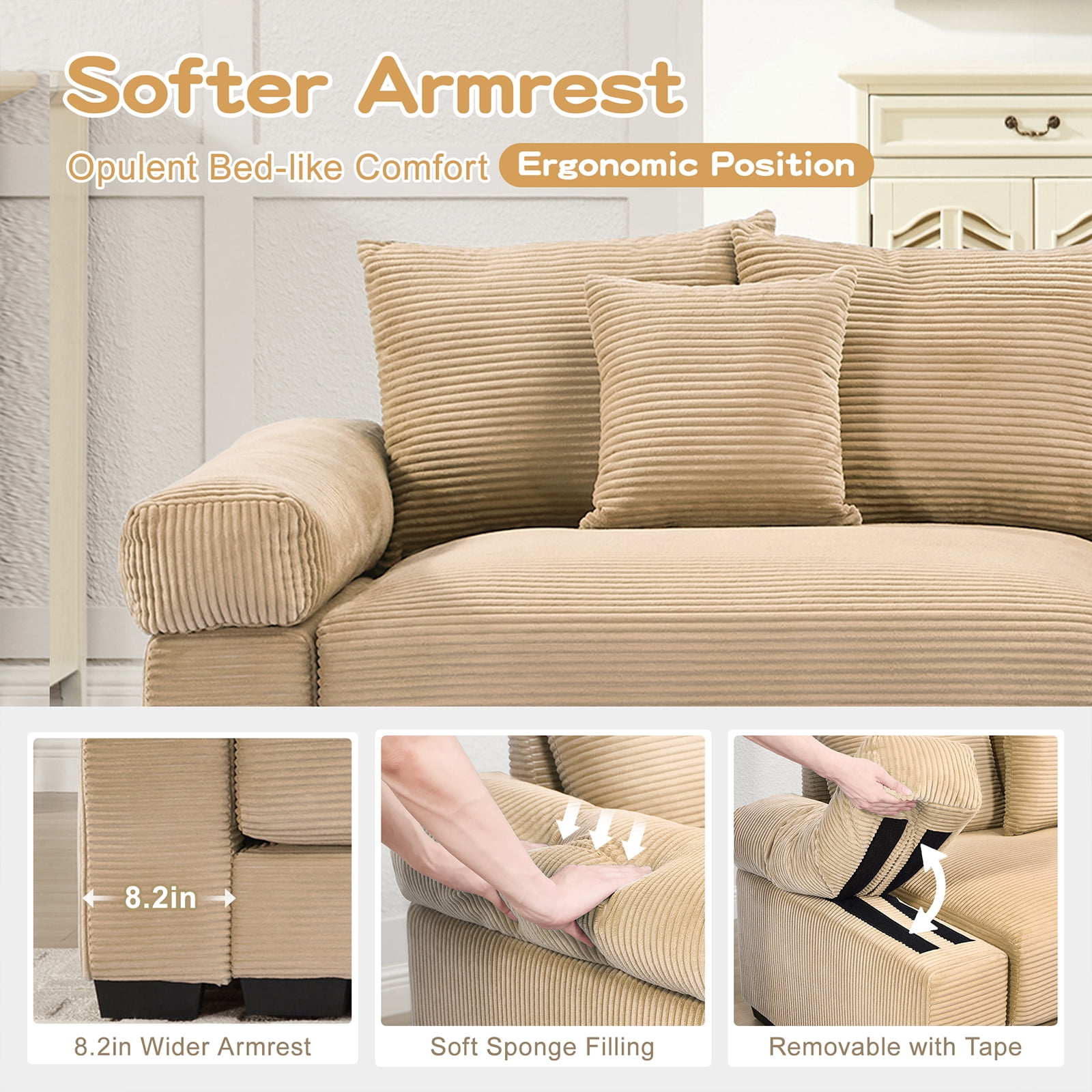 117" Modern Corduroy Sectional Couches for Living Room, Comfortable Corner Couch Sofa, Camel 3 Seater Corner Couch for Flexible Layout, Muebles para la Sala, Oversized Sofa Set