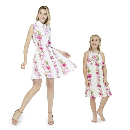 

Matching Hawaiian Luau Mother Daughter Shirt and Ruffle Dress in Pink Hibiscus Vine
