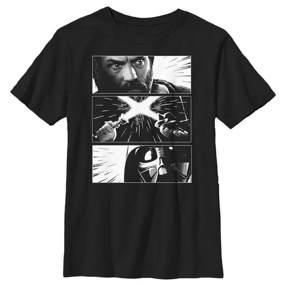 Boy's Star Wars: Obi-Wan Kenobi Darth Vader vs Kenobi Grayscale Battle Panels Graphic Tee Black Medium
