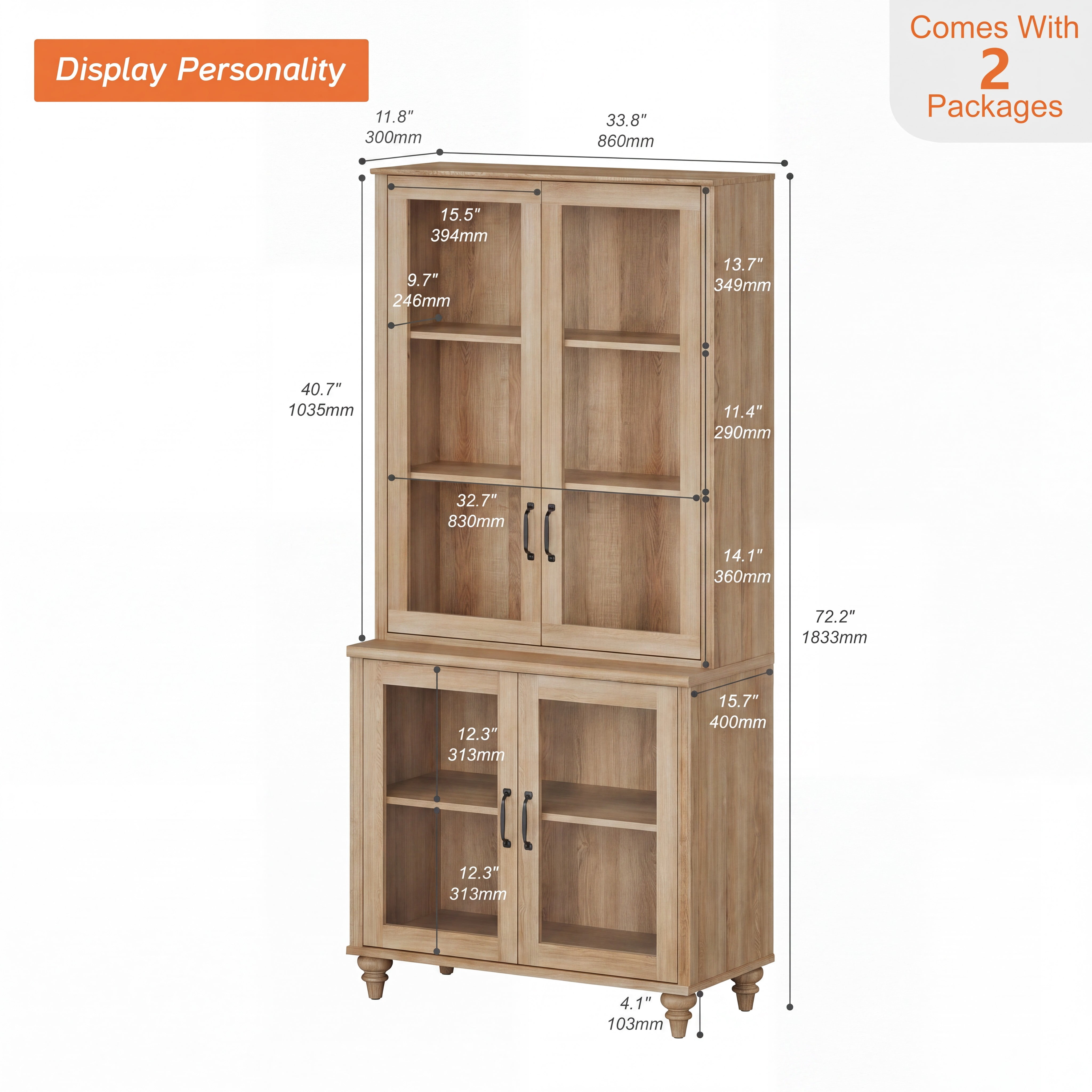 Oak 5-Tier Bookcase with Glass Doors and Adjustable Shelf, Farmhouse Library Wooden Bookshelves for Living Room, Office, Kitchen