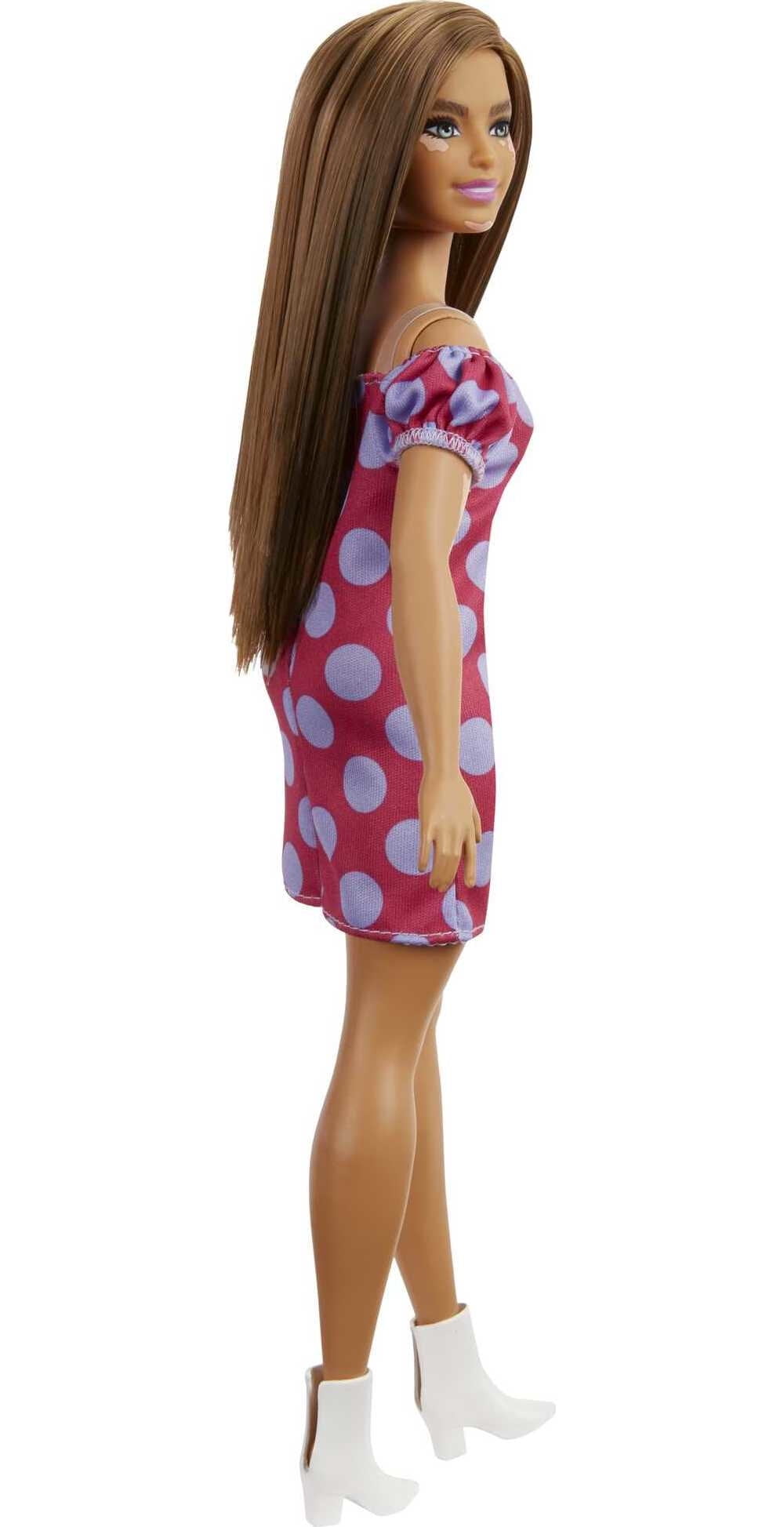Barbie Fashionistas Doll #171, Curvy with Vitiligo & Long Brunette Hair in Polka Dot Dress