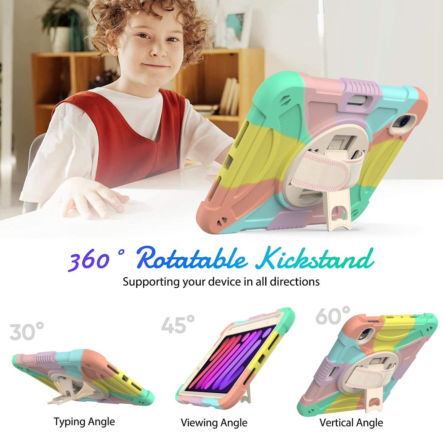 Decase for Apple iPad Mini Case 8.3” 2021 with Pencil Holder,360 Rotating Hand Strap,& Stand, Drop-Proof Kids Case for iPad Mini 7 A17 Pro 2024/iPad Mini 6 2021 8.3 Inch,A