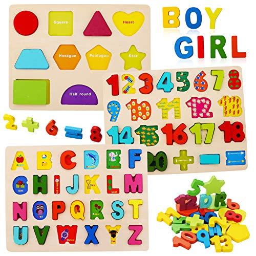 Wooden Puzzles For Toddlers Kesletney Wooden Alphabet Abc Number Shape Puzzles Toddler Wood Learning Puzzle Toys For Kids Ages 3 4 5 Set Of 3 Walmart Com Walmart Com