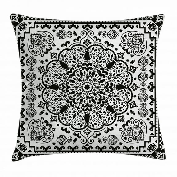 India Throw Pillow Cushion Cover, Ethnic Mandala Floral Lace Paisley Mehndi Design Tribal Lace Image Art Print, Decorative Square Accent Pillow Case, 20 X 20 Inches, Black and White, by Ambesonne