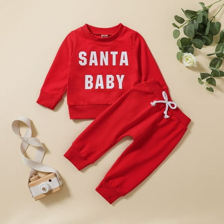 

FZM Christmas Toddler Boys Girls Christmas Winter Long Sleeve Santa Baby Letter Prints Tops Pants 2PCS Outfits Clothes Set