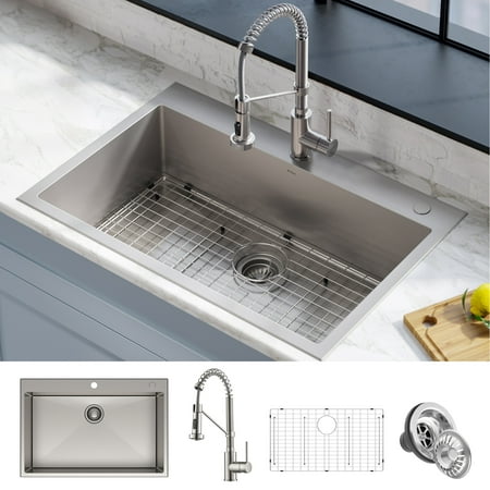 Kraus Stark 33-Inch Dual Mount Kitchen Sink and Pull-Down Commercial Kitchen Faucet Combo In Spot Free Stainless Steel Finish