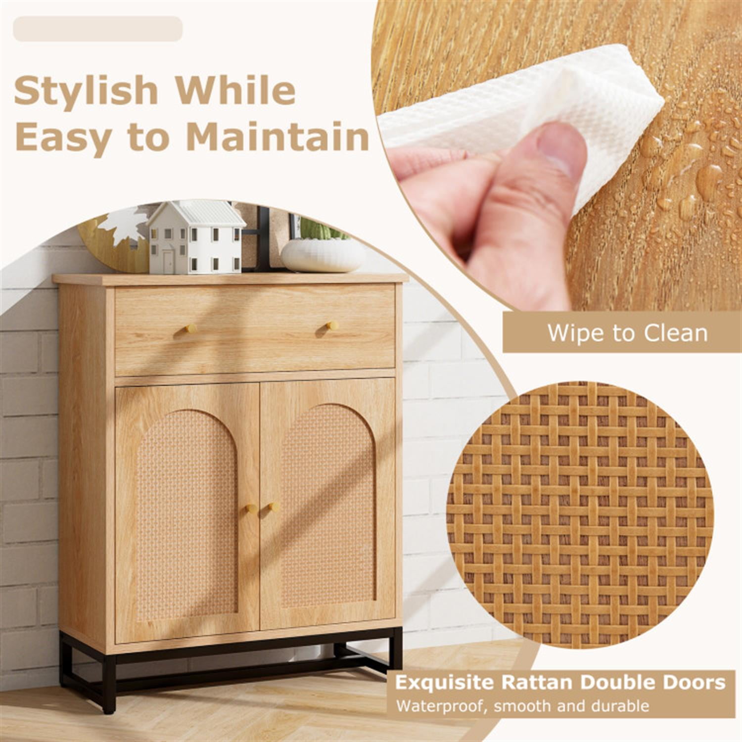 Demi Bonn Accent Floor Storage Cabinet with Rattan Doors, Bathroom Cabinet with Large Drawer, Freestanding Storage Cabinet Organizer, Beige