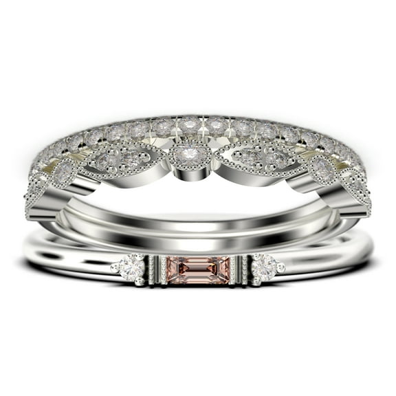 Dainty Minimalist 1.75 Carat Baguette Cut Morganite And Diamond Moissanite Engagement Ring, Antique Wedding Ring in 10k Solid White Gold, Trio Set, Matching Band, Promise Ring, Anniversary Ring