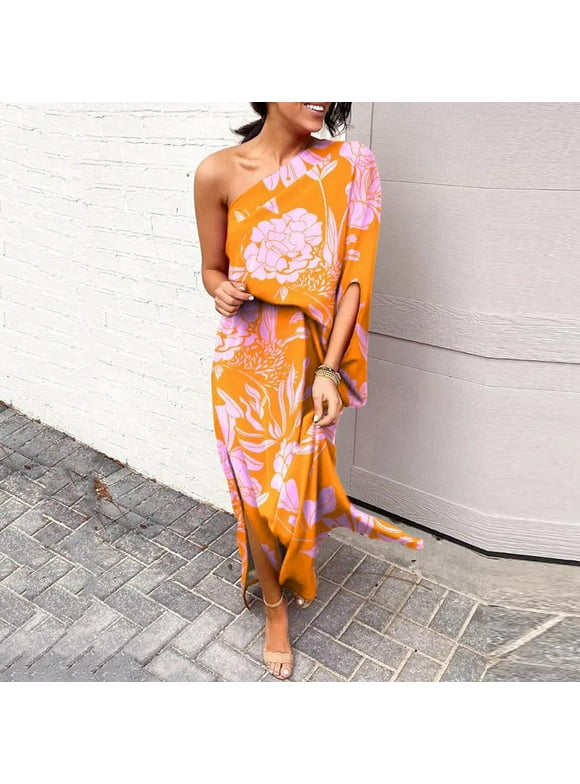 TMOYZQ Summer Clearance Sale! Women's One Shoulder Split Hem Long Maxi Dress Floral Print Short Bell Sleeves Loose Ruched Dress Cocktail Party Dress Wedding Guest Dresses
