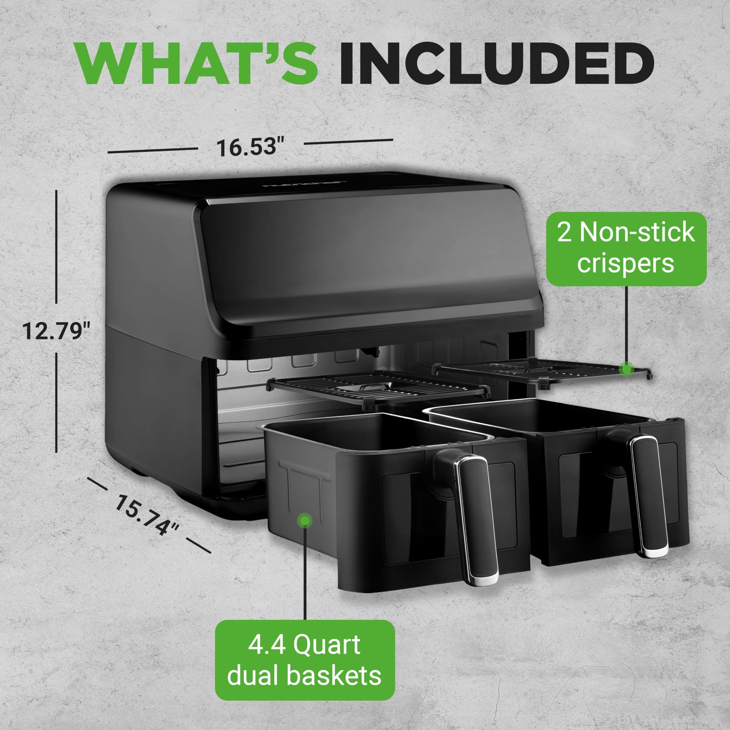NutriChef Double Basket Air Fryer 8.8 QT Family Size Oil Free Digital Cooker with Transparent Window 9-1 Preset Cooking Options 360 Hot Air Circulation Technology 4.4 QTs per Basket Black
