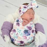 Puloru Baby Photography Props Set Flower Printed Wrap Blanket + Hat + Headscarf