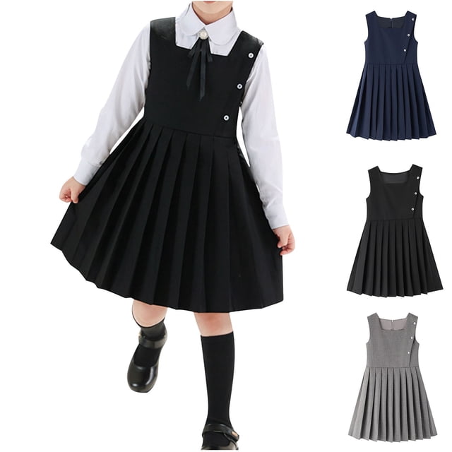 EYWGYA Robes Décontractées pour Petites Filles, Robe d'Uniforme Scolaire pour Filles Sans Manches à Col Rond, Jupe Plissée, Robe Débardeur