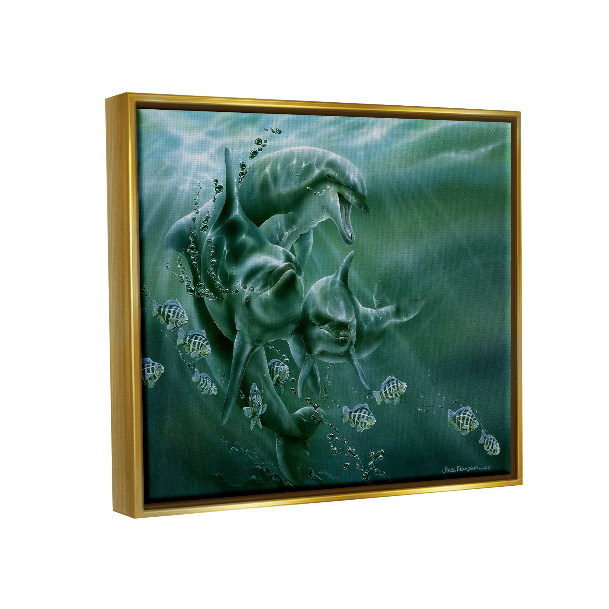 Stupell Industries Underwater Dolphins and Fish Coastal Painting Gold Floater Framed Art Print Wall Art