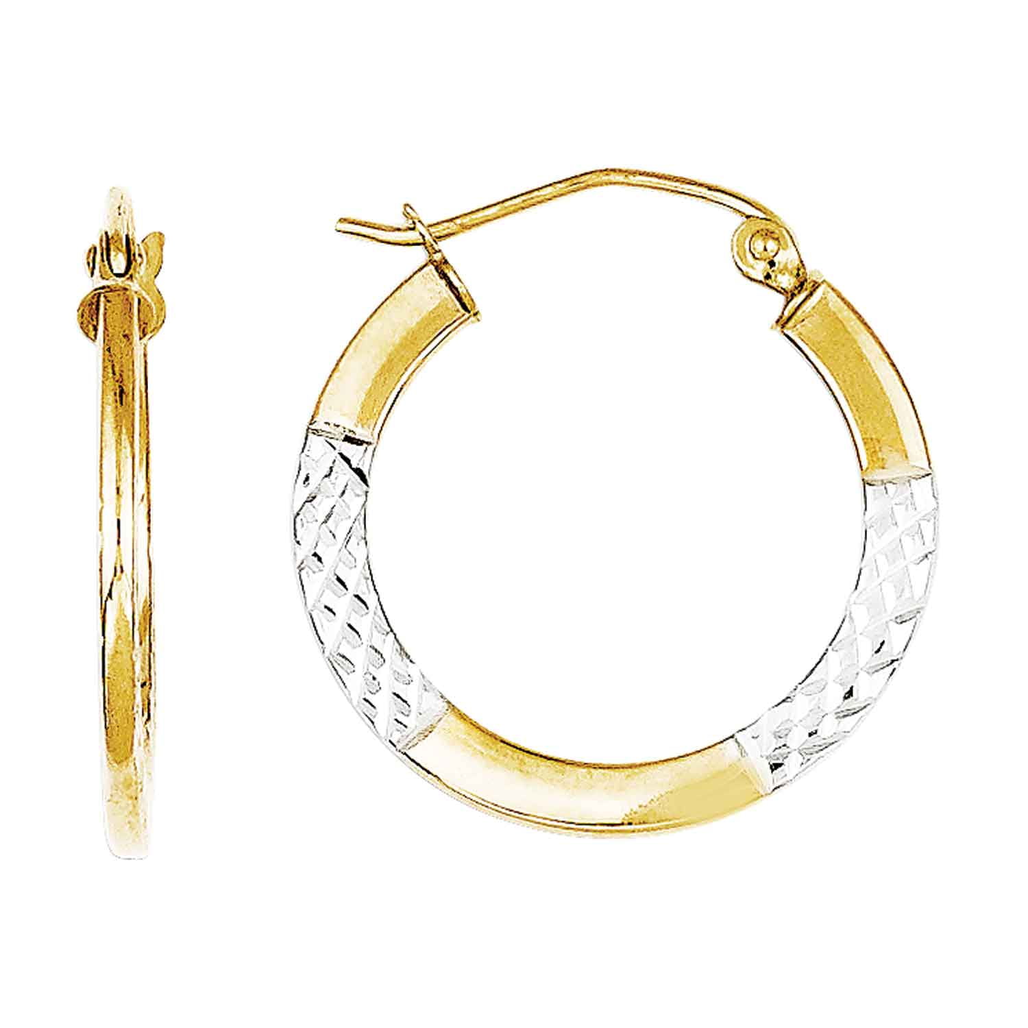 21x20mm 10k Yellow Gold and Rhodium Plated Diamond Cut 2.5x20mm Hoop Earrings Ideal For Women