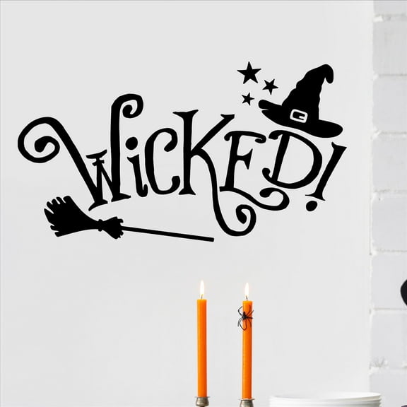 Halloween Wicked! Vinyl Lettering Wall Decal Witch Hat and Broom Star Decals Size: 12"H x 22"L - Color:  Black