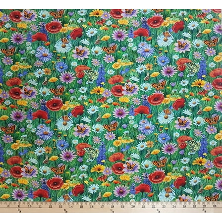 Cotton Nature's Music Flowers Meadow Butterfly Snail Floral Elizabeth Studios Cotton Fabric Print by the Yard (50001MULTI)