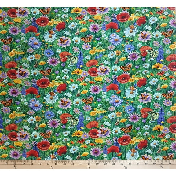 Cotton Nature's Music Flowers Meadow Butterfly Snail Floral Elizabeth Studios Cotton Fabric Print by the Yard (50001MULTI)