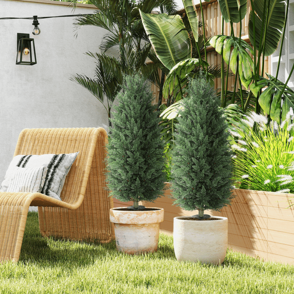 2-Pack 43.3" Artificial Cypress Trees - 1047 PE Leaves Each UV-Resistant Plastic-Aluminum Ground Stakes Indoor/Outdoor Use for Pots/Gardens