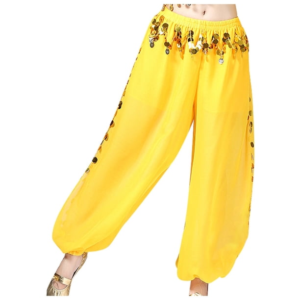 Pantalones elegantes de danza del vientre para mujer - Pantalones anchos con abertura de gasa y lentejuelas - Cintura elástica, talla única para cinturas de 68-110 cm