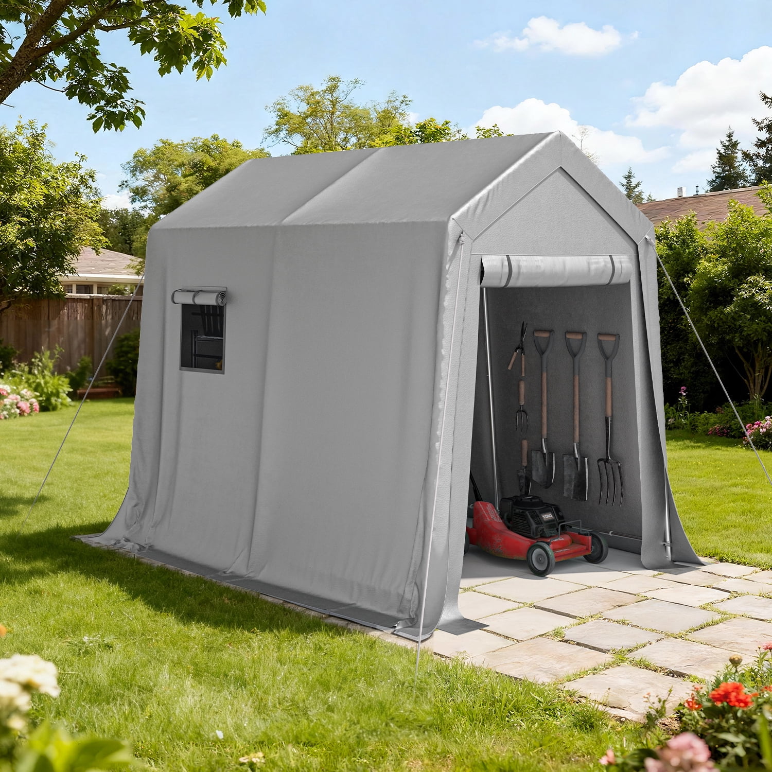 Sunmthink 6x8 FT Outdoor Carport Shed, Portable Storage Sheds with Roll-Up Door & Window, Motorcycle Shelter with Galvanized Steel Frame & Durable Tarp Cover for Bike, Lawn Equipment