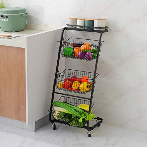 EAXBUX 3 Tier Metal Market Basket Stand Storage Shelves for Fruits and Vegetables Organize Hanging Storage Bin for Kitchen,Bathroom Tower Baskets 