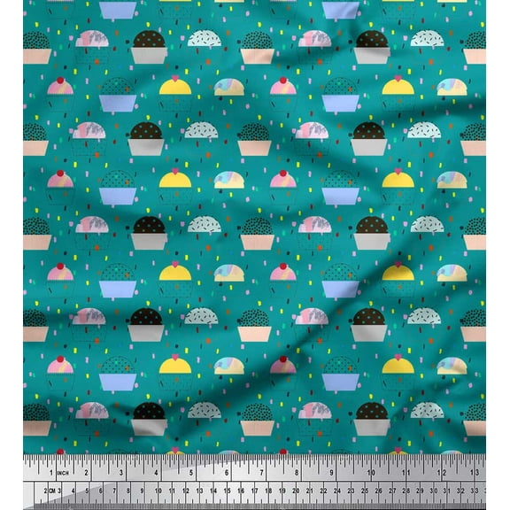 Soimoi Green polyester Crepe Fabric Cupcakes Food Printed Craft Fabric by the Yard 52 Inch Wide