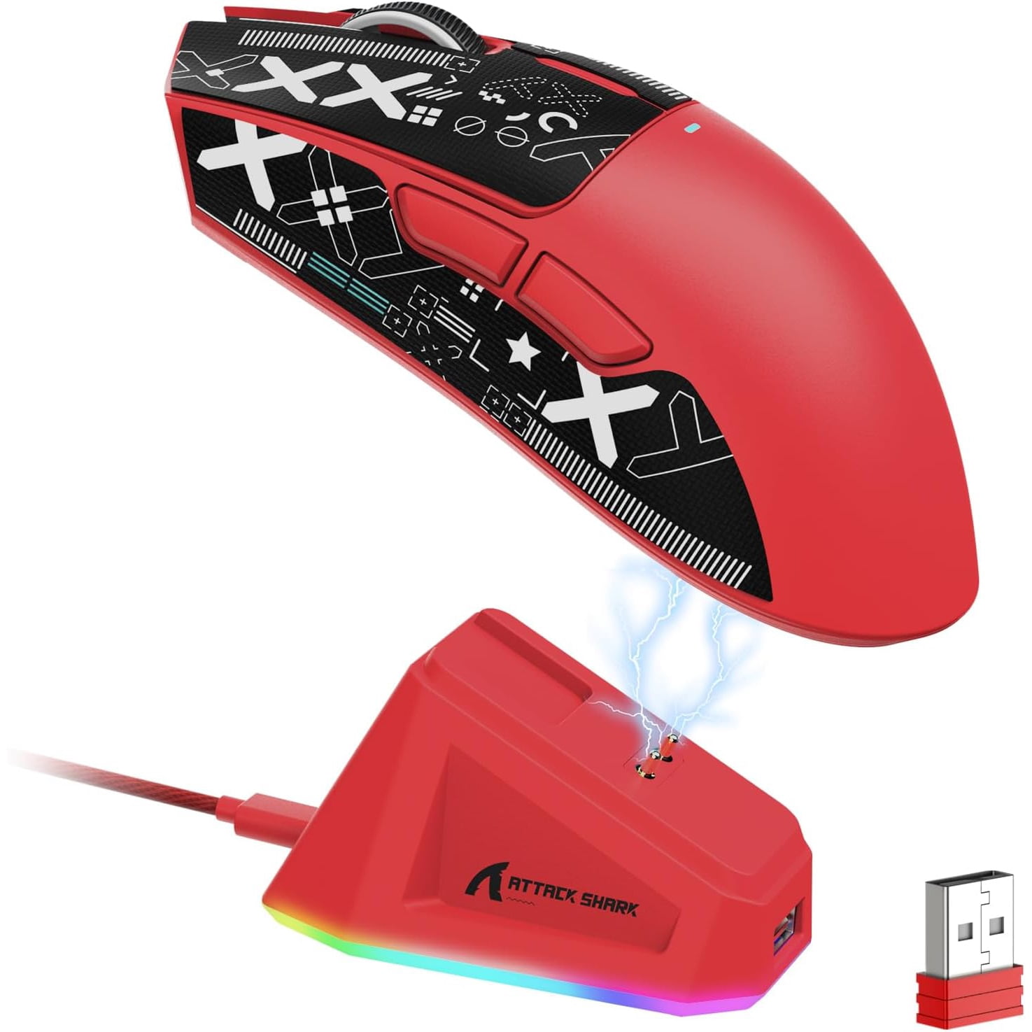 ATTACK SHARK X11 Wireless Gaming Mouse with RGB Magnetic Charging Dock, PixArt PAW3311 Sensor, Ultralight 59g Tri-Mode Gaming Mouse with Tape, Wired/2.4G/BT, 22K DPI for PC/Mac-Red&Tape