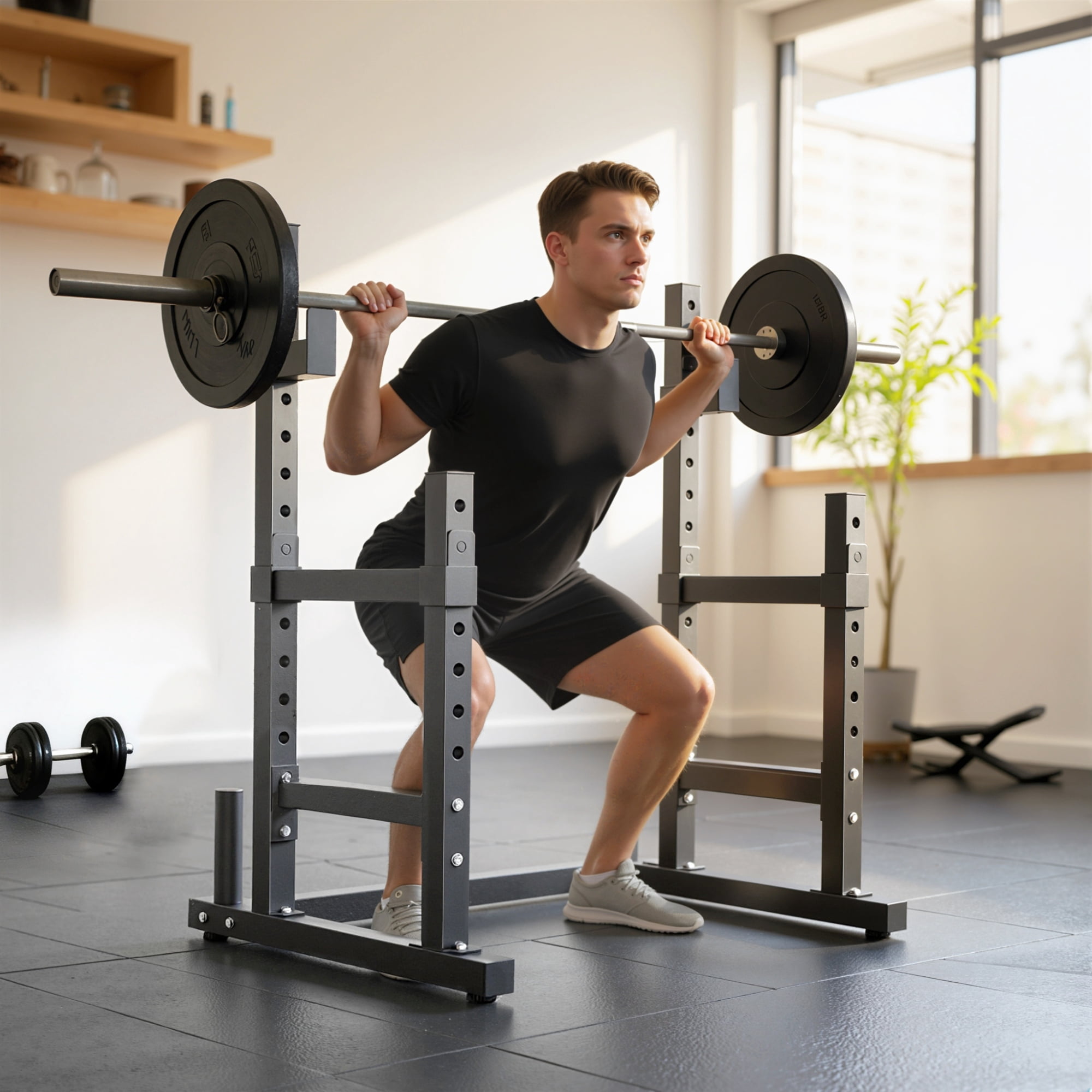 Soozier Adjustable Squat Rack, 660lbs Heavy Duty Bench Press Rack with Weight Plate Holders for Weight Lifting and Home Gym Strength Training, Black