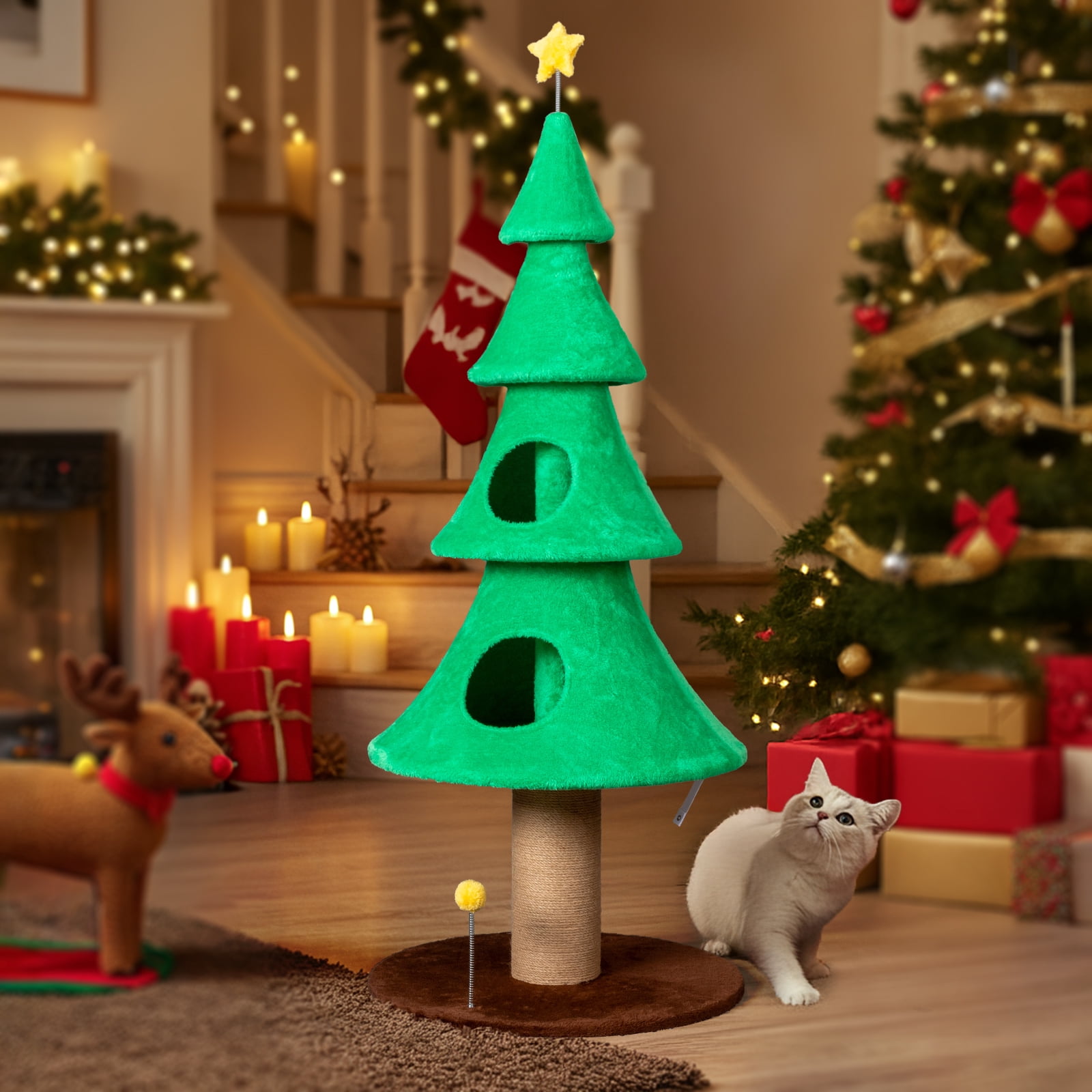 Ktaxon 59in Large Christmas Tree Cat Tower with 2 Condos, Scratching Post, Soft Fleece, Teaser Toy & Sturdy Base, Green