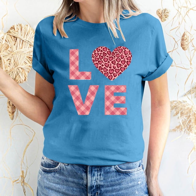 Pisexur Valentines Day T-shirt Top T-shirt à Manches Courtes Imprimé Amour de la Saint-Valentin pour Femmes, Col Rond