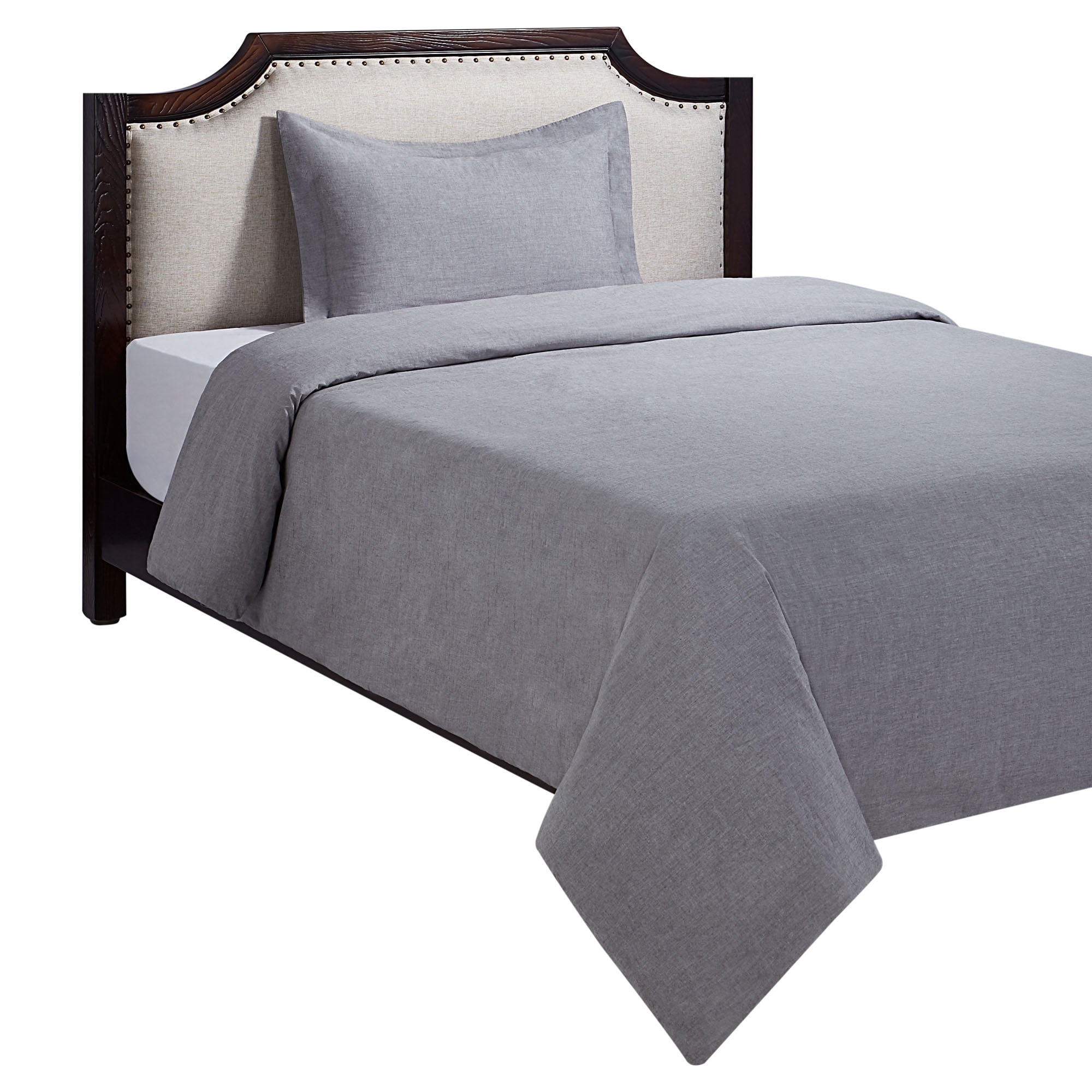 HOMETRENDS 3-Piece Grey Chambray Duvet Cover Set, Double/Queen, 100% Cotton