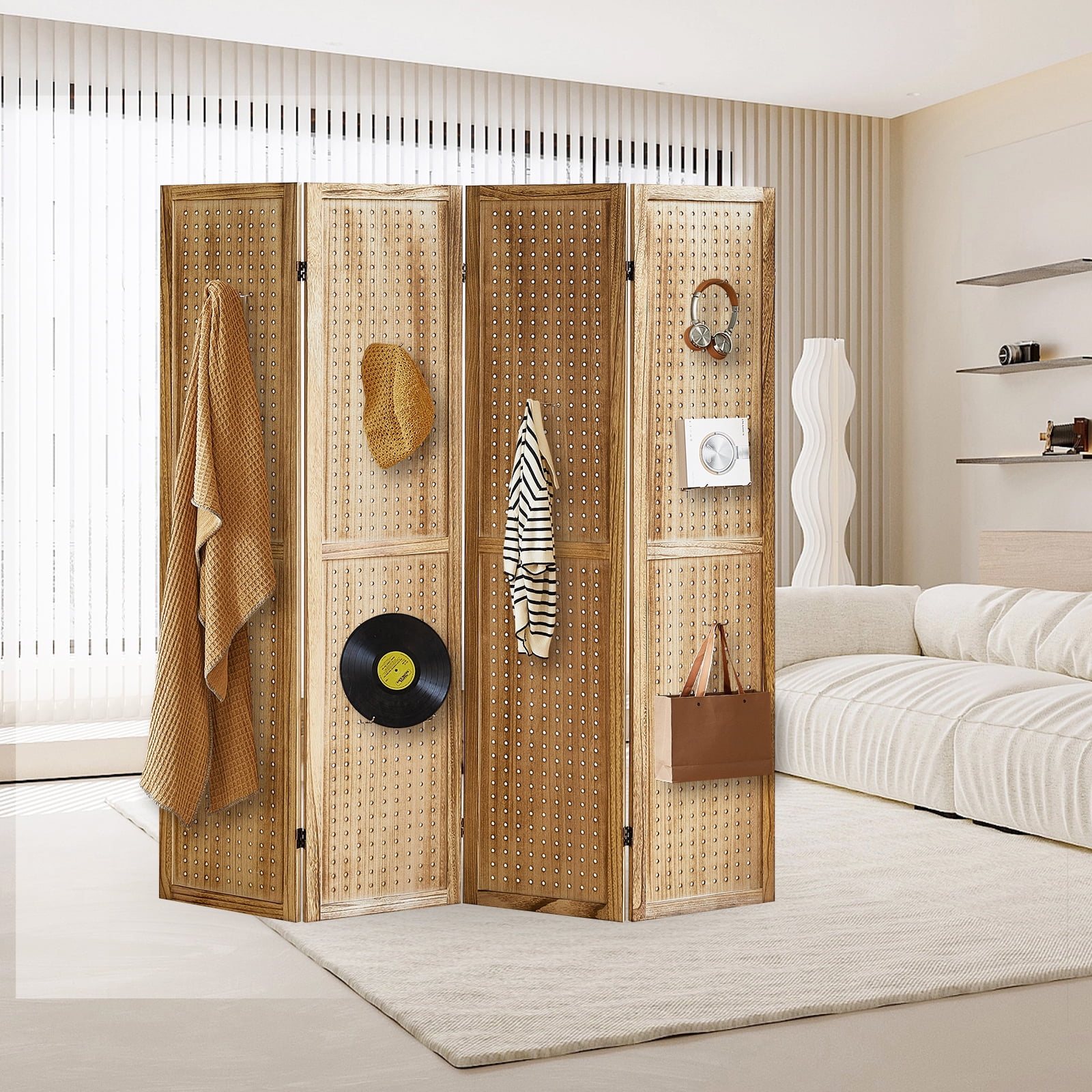 Aletheiawu 4 Panel Display with 16 Hooks, Wood Room Divider Wall, No Installation, Light Brown