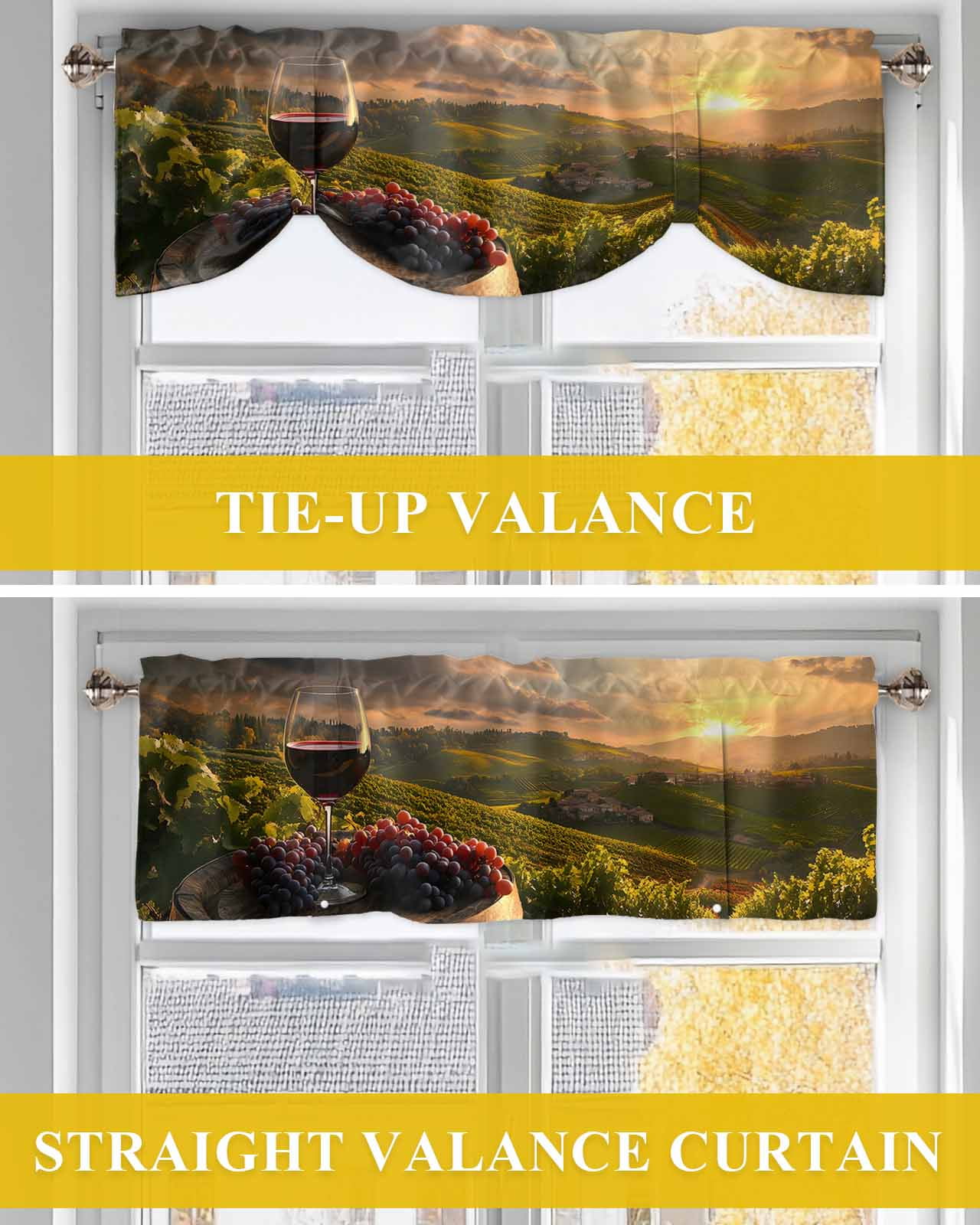 Wine Grapes Tie Up Valances Curtain, Adjustable Kitchen Decoration Barrel Valances for Windows Decor, Rod Pocket Short Curtains Set for Bedroom/Bathroom, 60"x18"