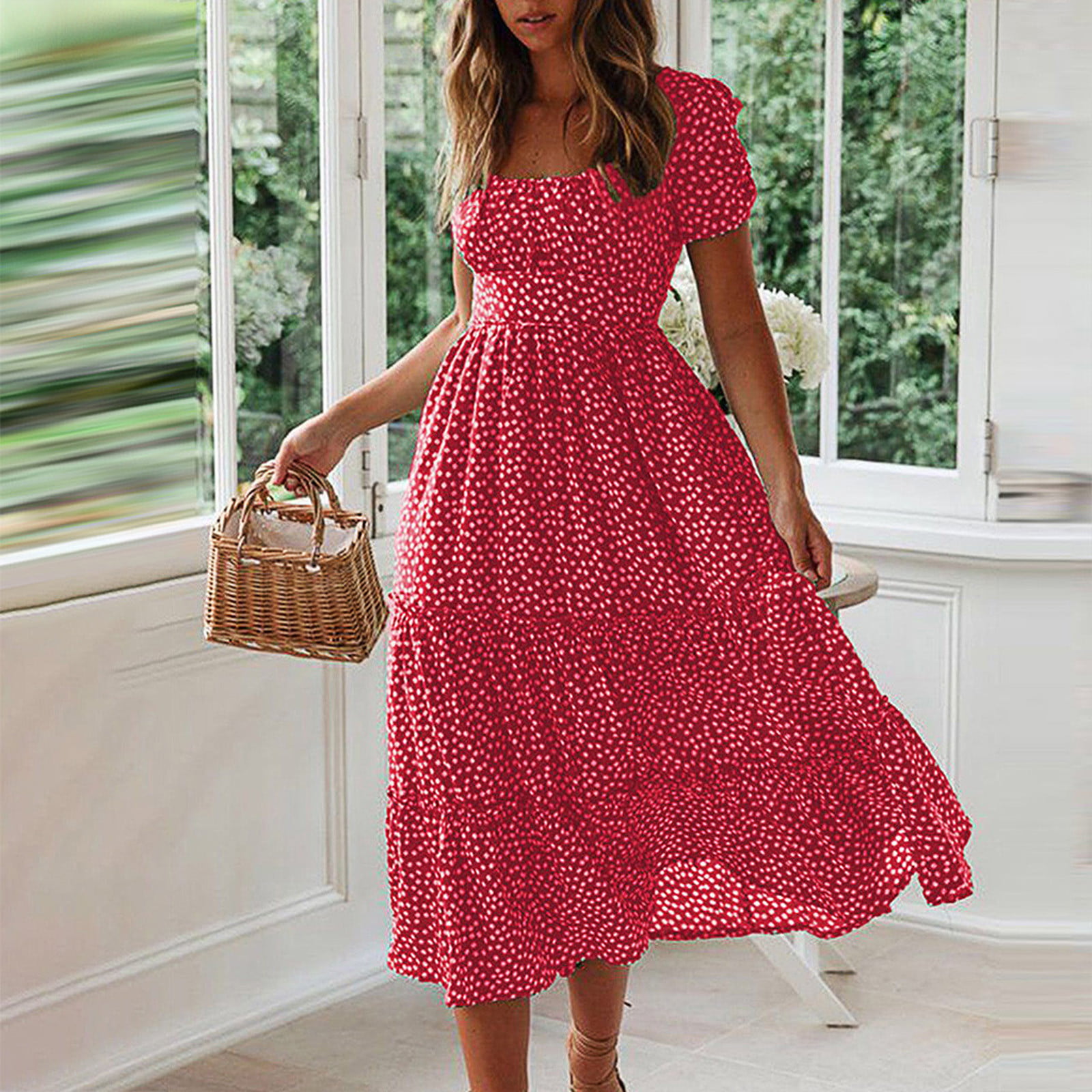 Red Big Points Cotton Summer dresses For Women Q670– FantasyLinen