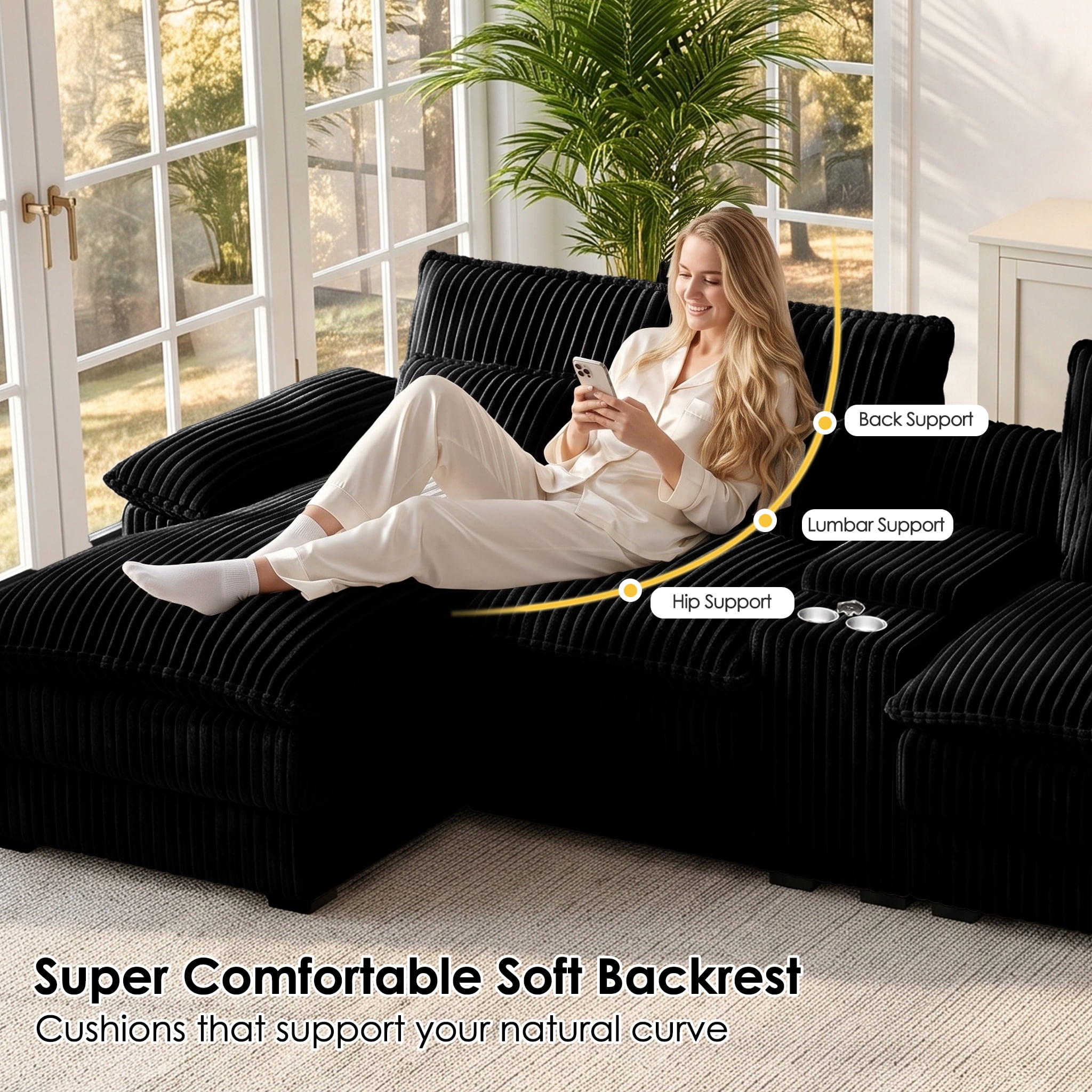 Avobird Oversided 124" U Shaped Cloud Couch Sectional, DeepSeat Sofa Bed with USB Charging, Hidden Storage, Cup Holders & Chenille Double Chaise, Black