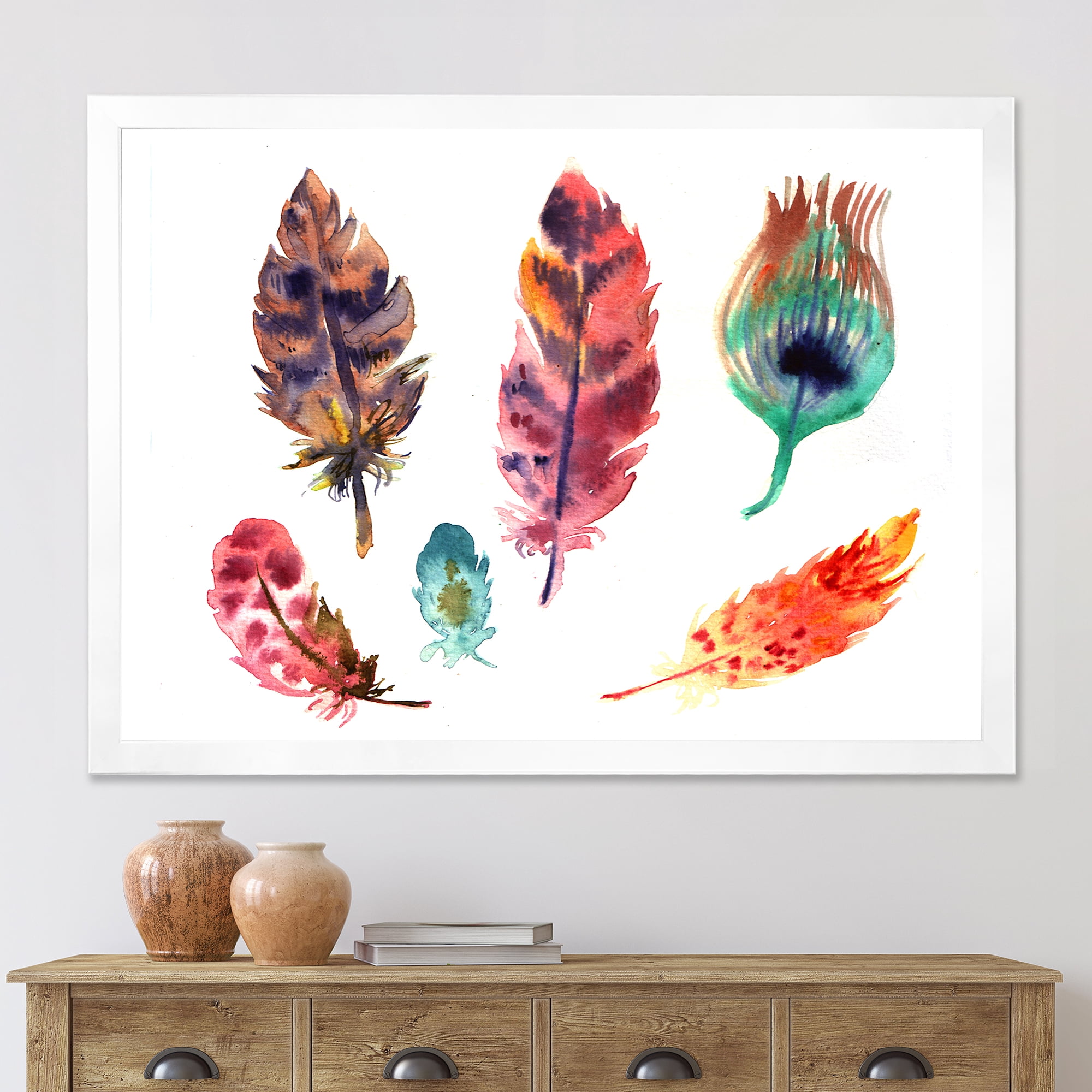 Designart 'Colourful Boho Art Feather Set II' Bohemian & Eclectic Framed Art Print