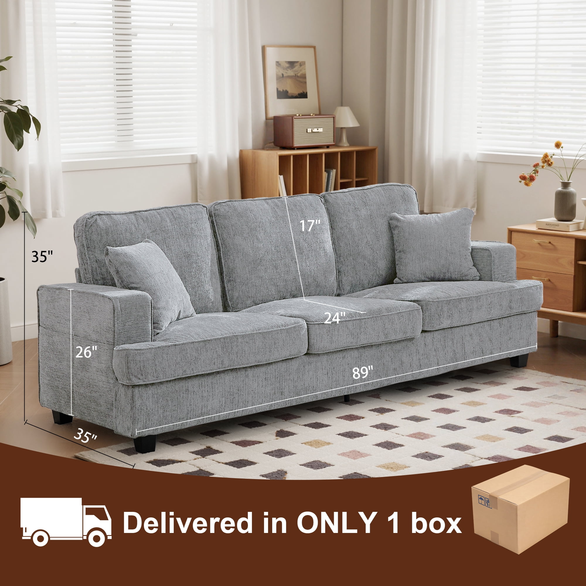 Korser 89" Chenille Sofa 3 Seater Couch with Extra Upholstered Deep Seats for Living Room,Removable Cover,Assembly Required,Pewter