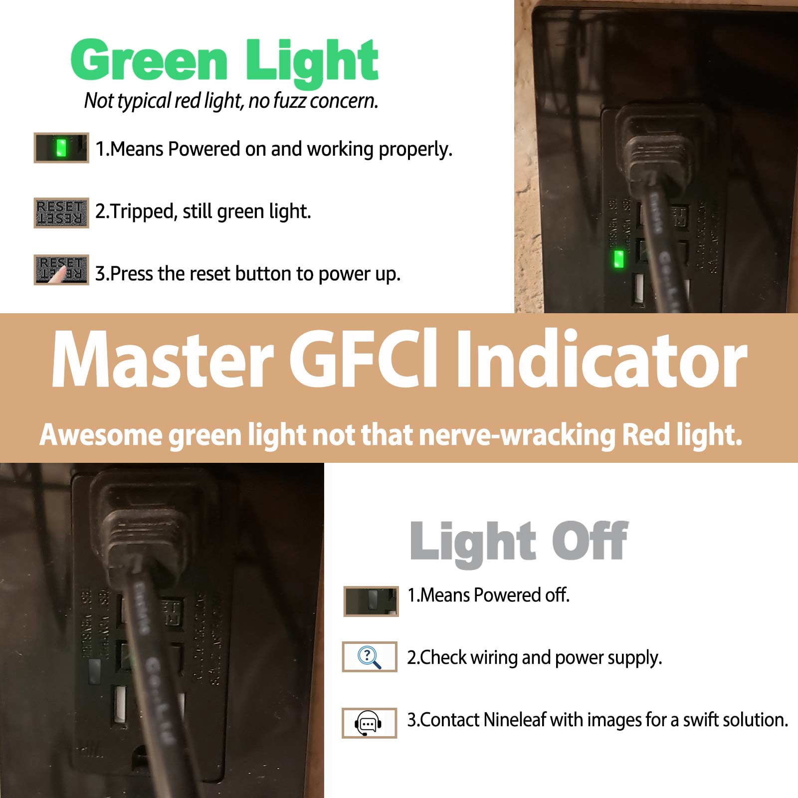 Black GFCI Outlet 15Amp 8PK,Nineleaf Black Outlets Receptacles,GFI Electrical Outlet with LED Indicator,Weather Resistant WR,Ground Fault Circuit Interrupters,120V,Wall Plates and Screws Included,ETL