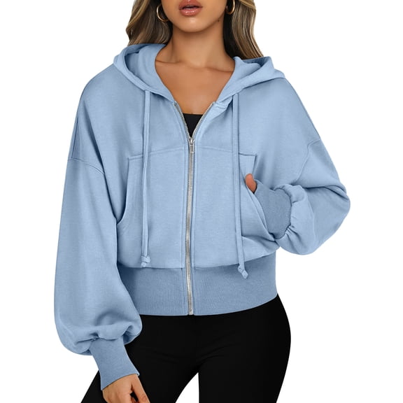 Female Zip Up Hoodies Cropped Sweatshirts Casual Comfy Cute Zip Jackets Fashion Trendy Fall Outfits Sky Blue L