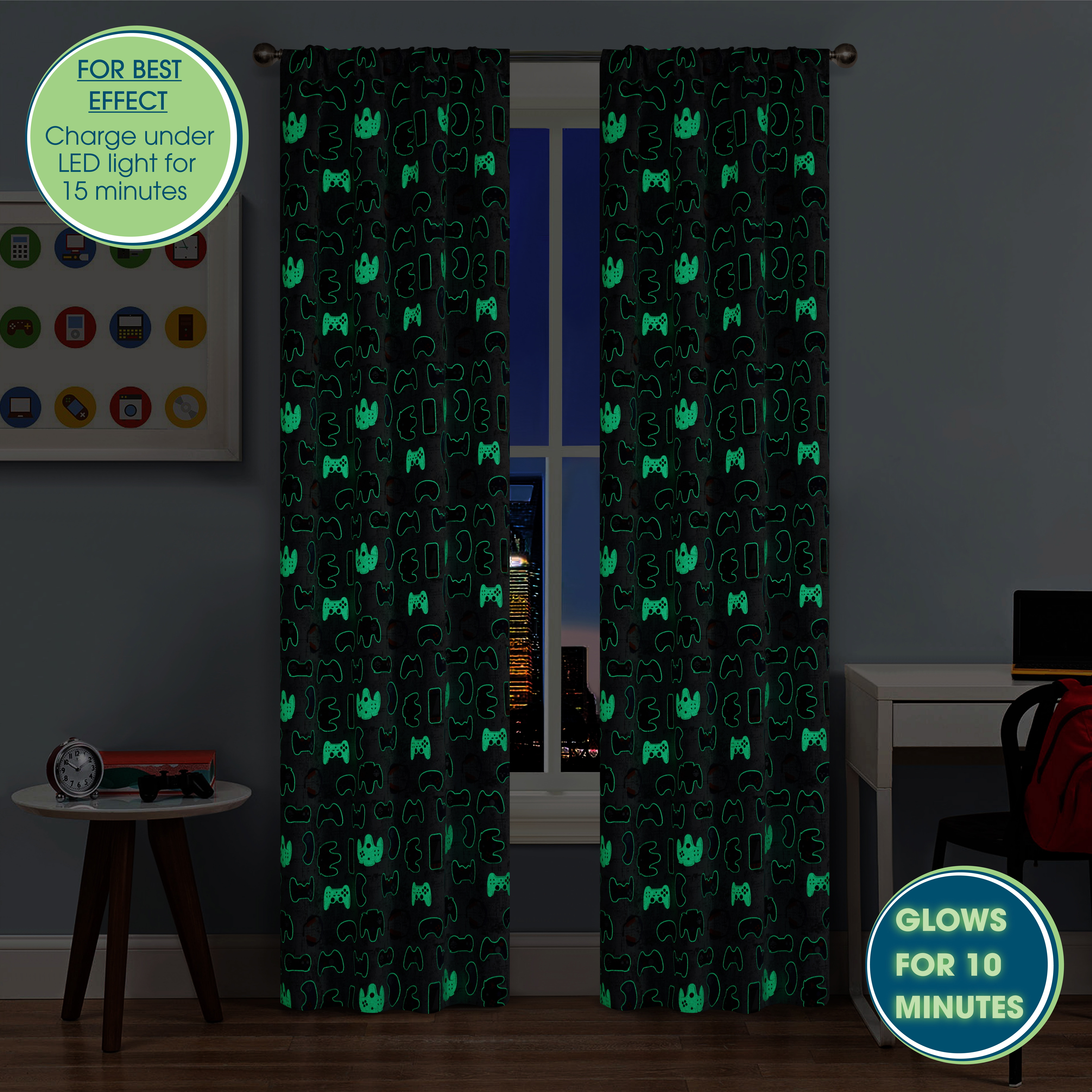 Your Zone Blackout Curtain Panel with Glow in the Dark Print, 1 Panel, Gamer, 37" W x 84" L