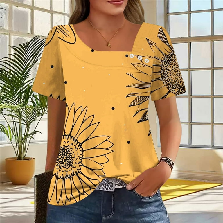 Charella Floral Printed Tops for Women Square Neck Button Short