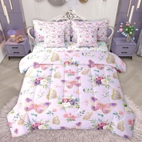 jejeloiu Cute Cartoon Butterflies 7-Piece Twin Bedding Sets,Country Floral Bedding Comforter Set,Purple Pink Green Sheet Sets For Girls Teens,Super Cozy Room Decor Reversible