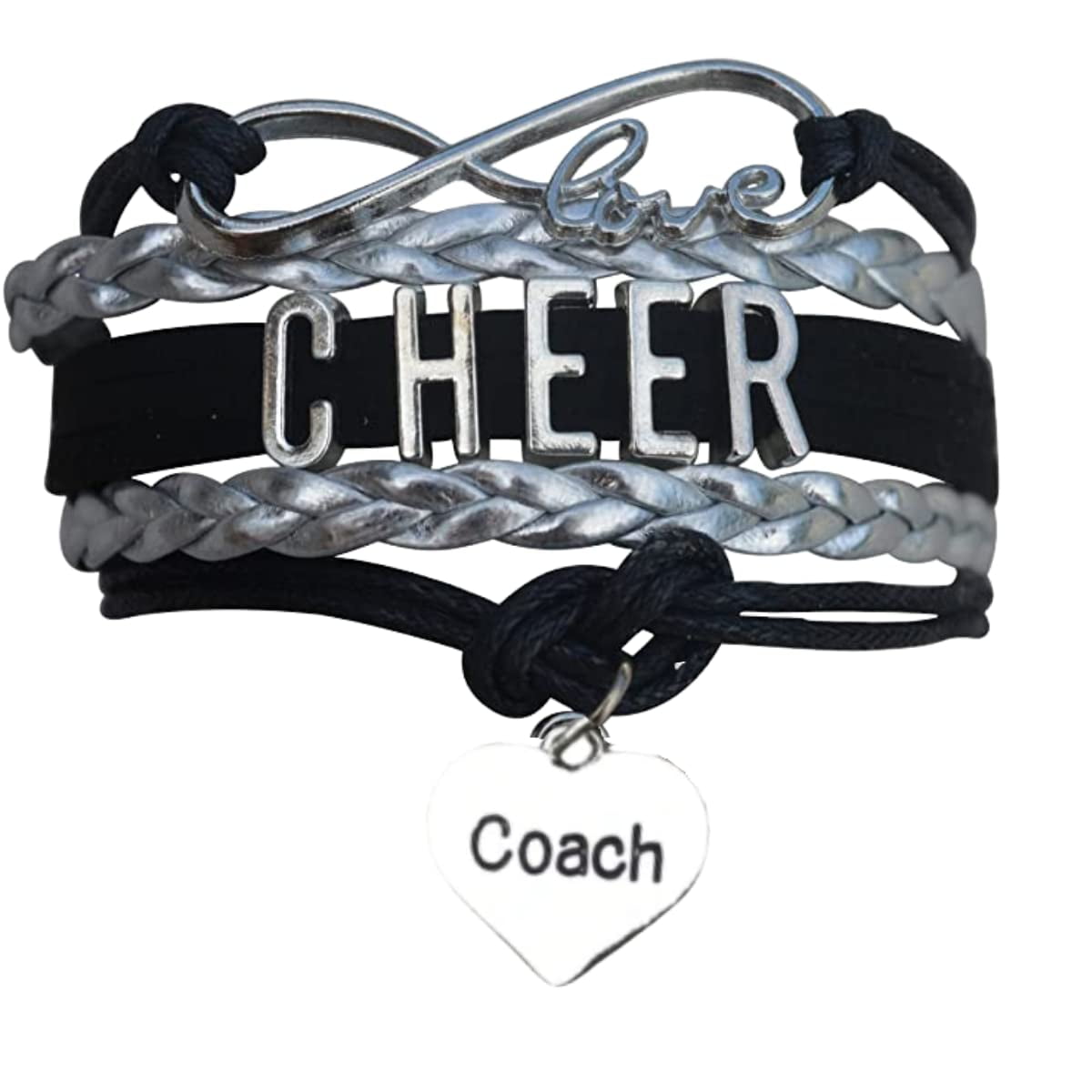 Cheer Coach Bracelet - Cheerleading Coach Charm Bracelet - Cheer Jewelry -  Women Cheering Coaches Infinity Bracelet (Black, Silver) 