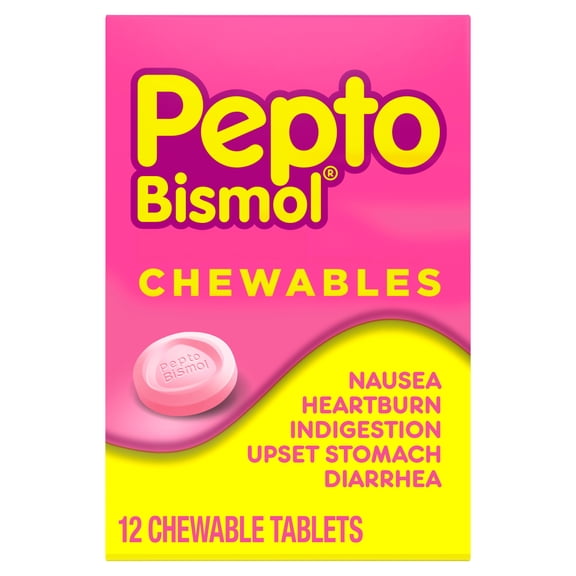 Pepto Bismol Chewable Tablets, Upset Stomach Relief, Anti Diarrheal, 12 Count