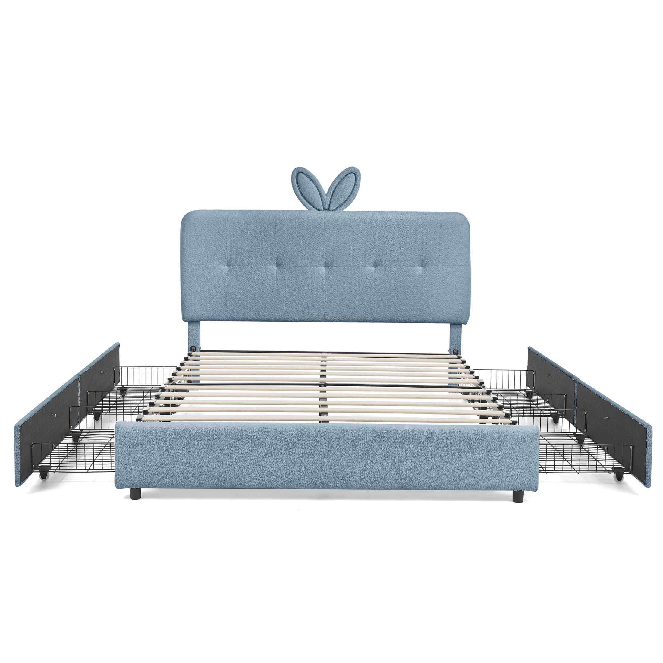 Noble House Bertis Full Size Boucle Kids Bed, Rabbit Ear Headboard Bed Frame with LED Light and Storage Drawers, Navy