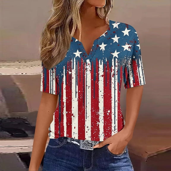 Odbmxy T Shirts for Women Short Sleeve V-Neck Independence Day Shirts for Women Vacation Patriotic Striped Casual Summer Red Tops