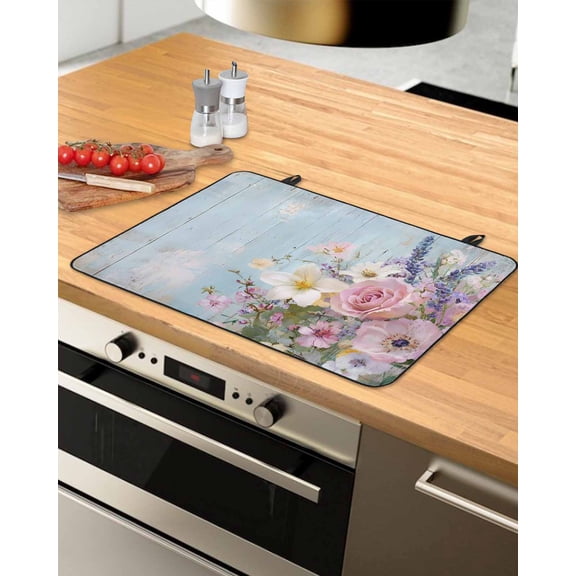 nqOlkjepod Large Induction Cooktop Protector Mat 24"x21", Spring Pink Flower Stove Top Covers for Electric Stove, Lavender Botanical Blue Wood Board Stove Burner Cover Mats, Glass Top Stove Cover